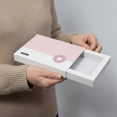 Stockka flat gift box with pink and white design, sliding drawer, ideal for thin items like gift cards or jewelry.