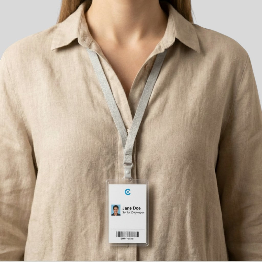 Stockka flat polyester lanyard with clear plastic vertical ID card holder for employees and events.