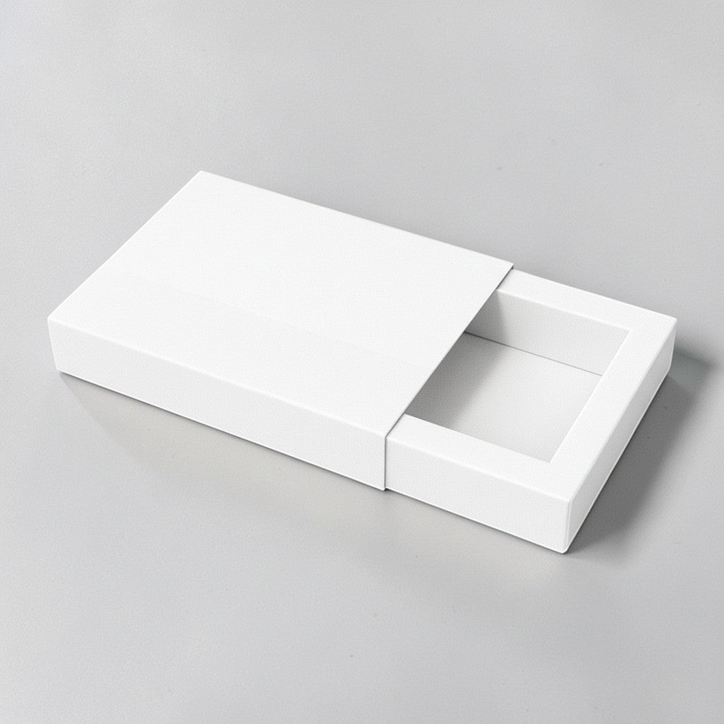 Stockka flat gift box with slide-out drawer, pink and cream, featuring a subtle flower logo. Ideal for thin items.