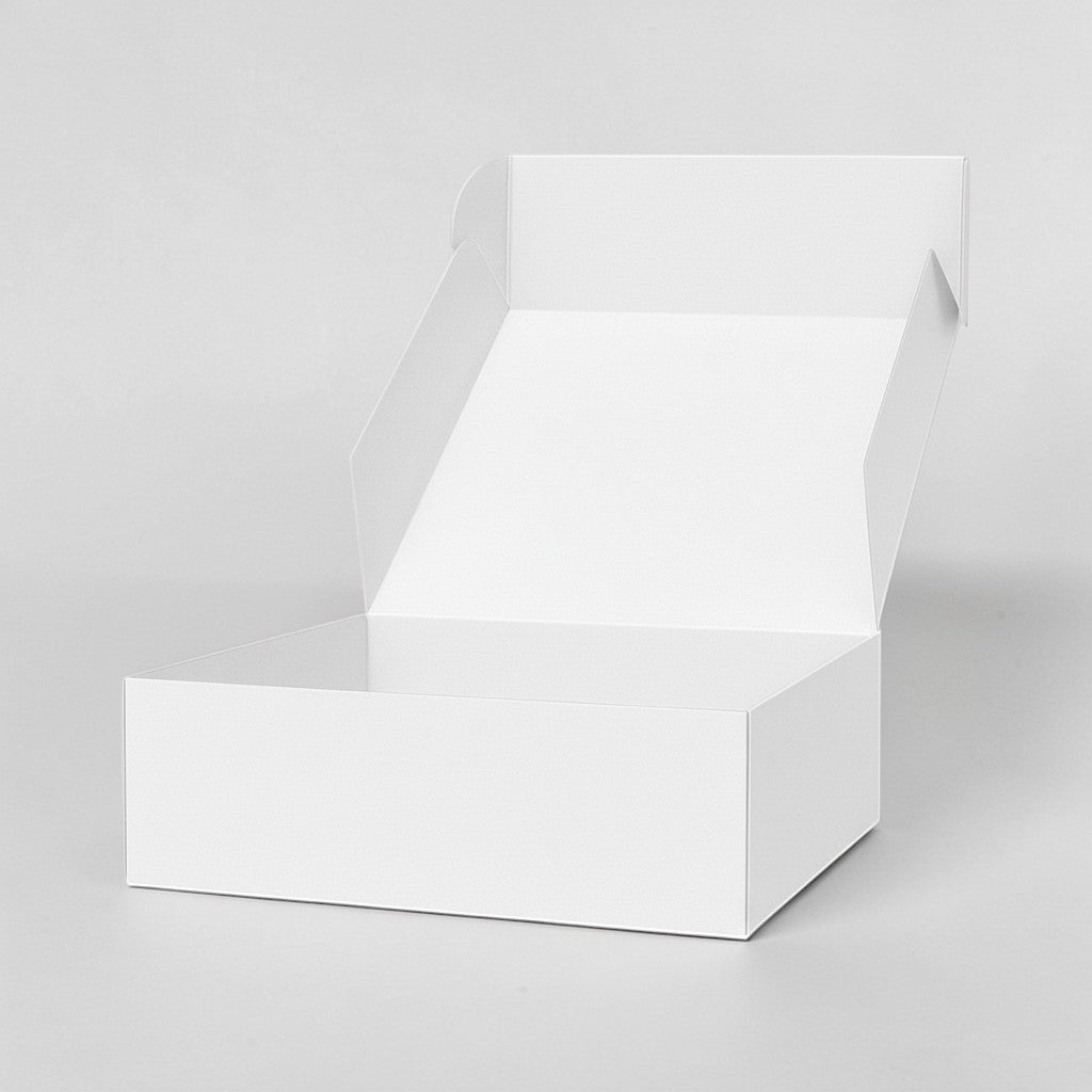 Stockka beige folding mailer box made of recycled corrugated cardboard, ideal for shipping and premium packaging.