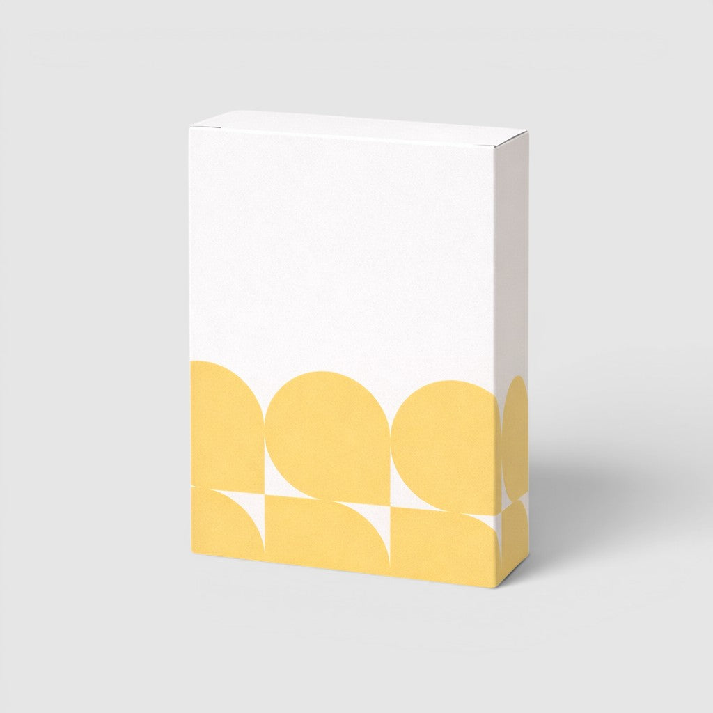 Stockka white rectangular folding box with yellow abstract pattern, top opening, bottom closure.