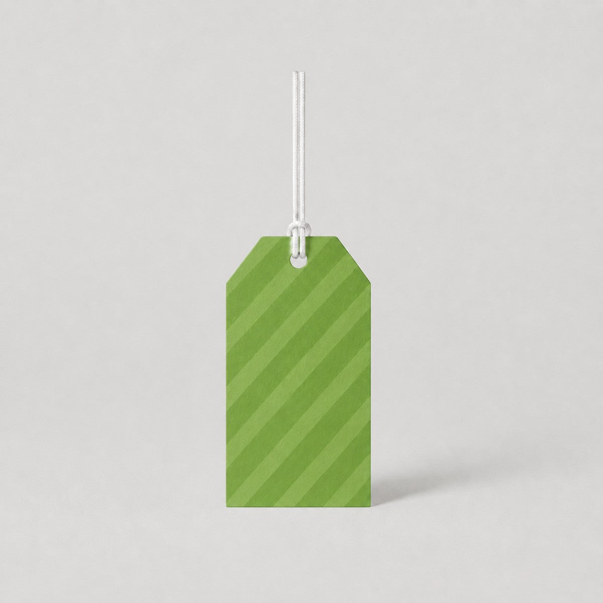 Stockka classic green striped hang tag with reinforced hole for string or plastic tie. Cardboard material.