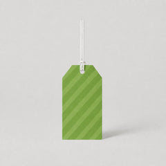 Stockka classic green striped hang tag with reinforced hole for string or plastic tie. Cardboard material.