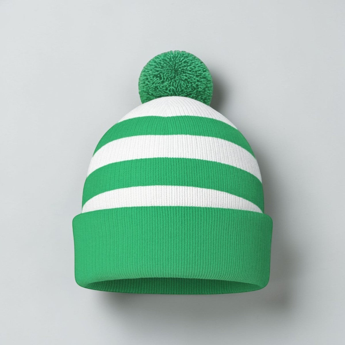 Stockka green and white striped acrylic knit beanie with pompom. Unisex winter hat.
