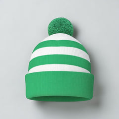 Stockka green and white striped acrylic knit beanie with pompom. Unisex winter hat.