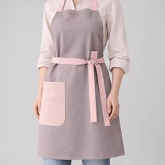 Stockka elegant grey cotton-polyester blend apron with pink trim and pocket, adjustable neck strap, waist tie.