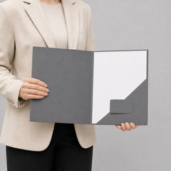 Stockka grey horizontal presentation folder with internal pocket, made of laminated rigid cardboard.
