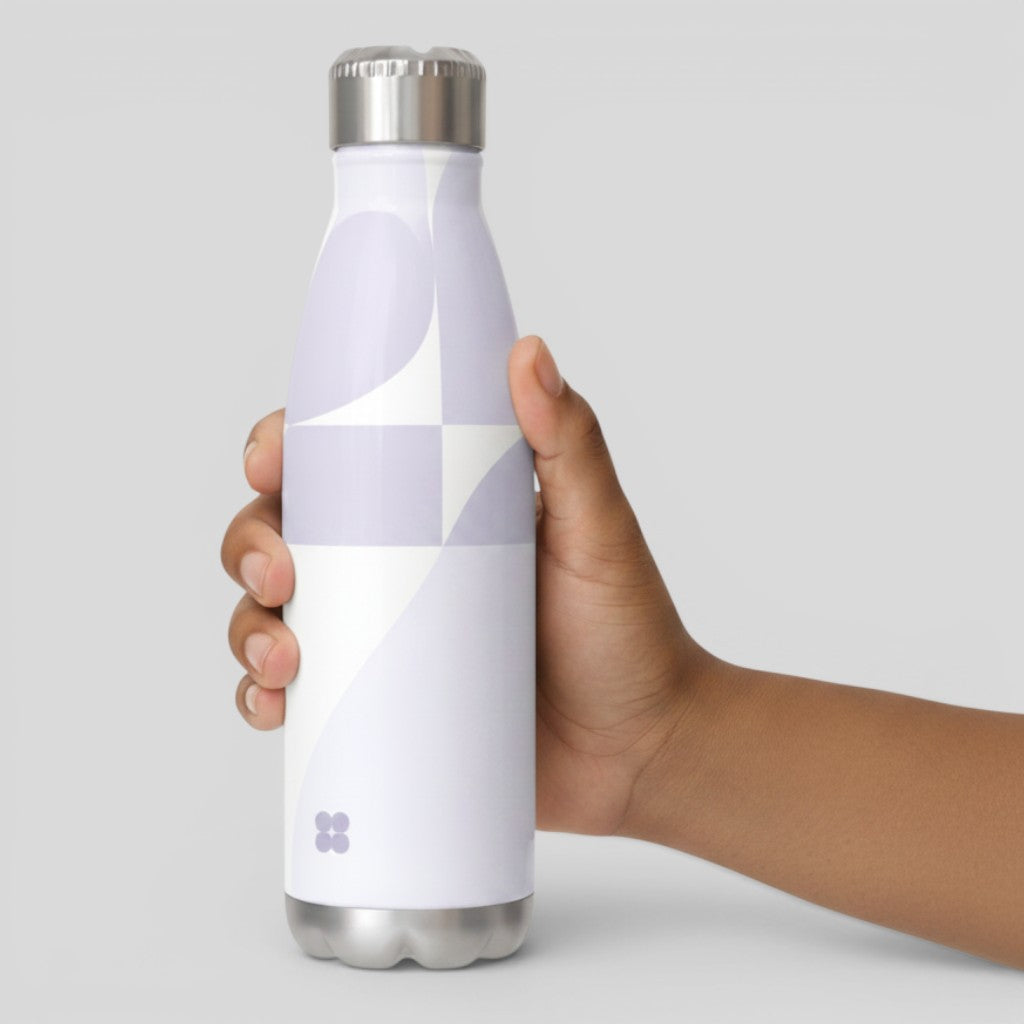 Stockka insulated stainless steel water bottle with a modern geometric pattern in white and light purple. Silver cap and base.