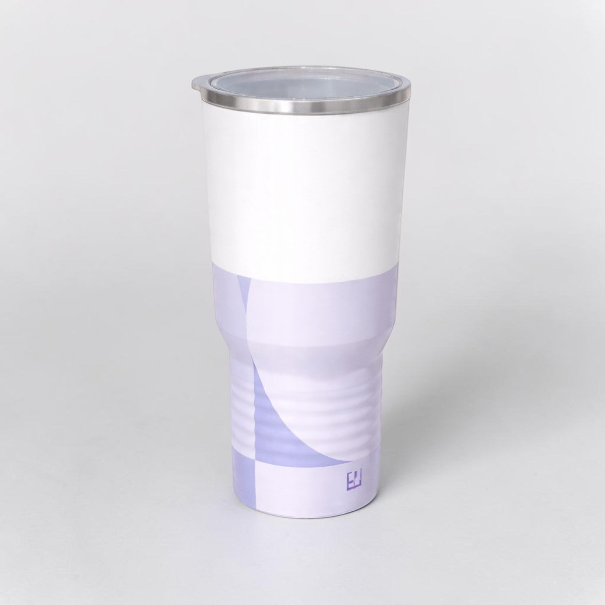 Stockka white and light purple insulated tumbler with clear lid and non-slip base. Stainless steel.