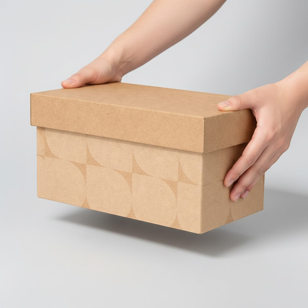 Stockka traditional kraft cardboard box with lid, ideal for shoes, clothing, or marketing kits. Recycled material.