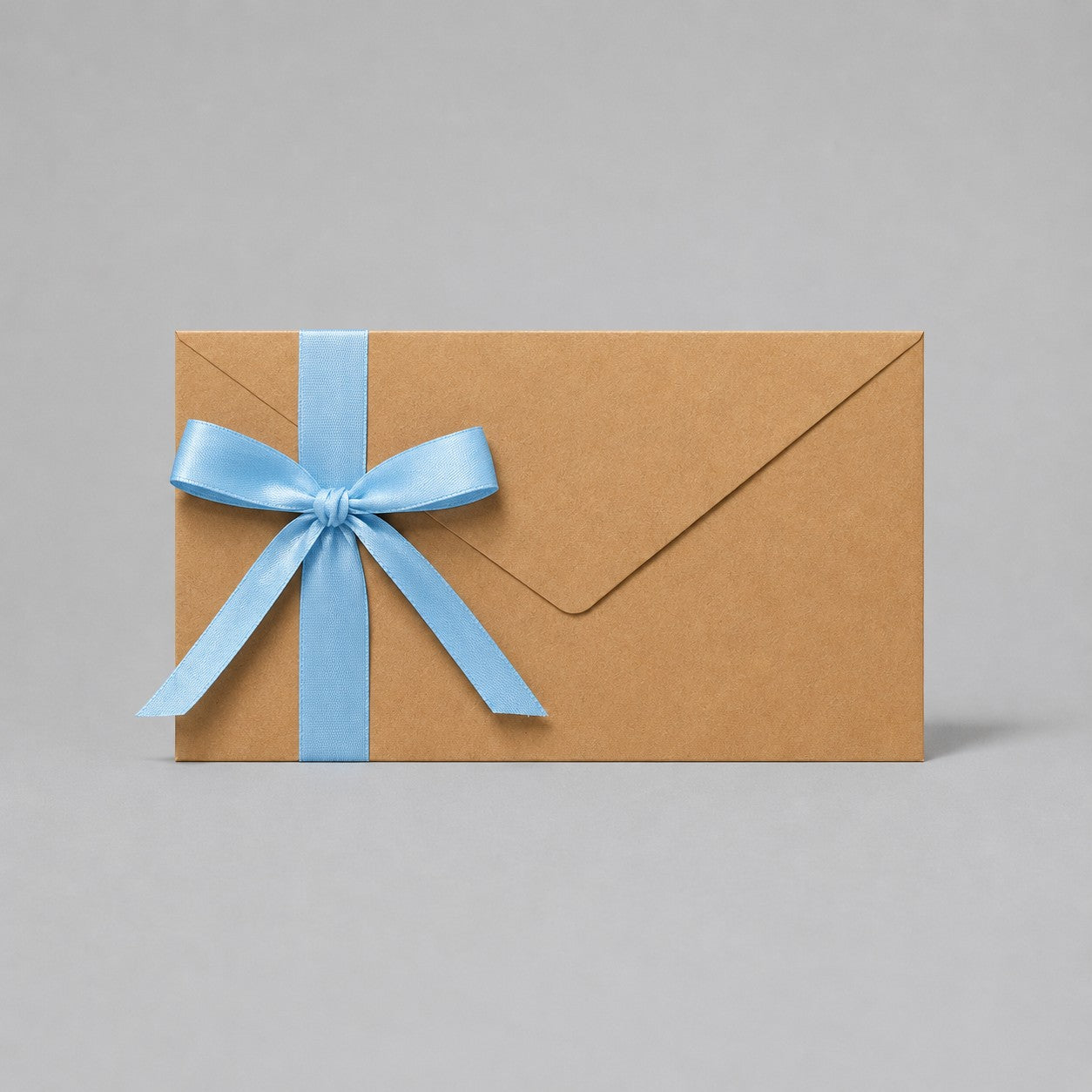 Stockka brown kraft envelope with a light blue ribbon tied in a bow, perfect for invitations or gift cards.