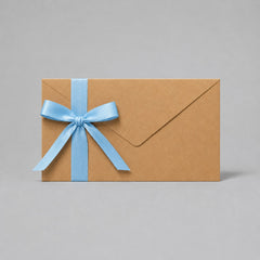 Stockka brown kraft envelope with a light blue ribbon tied in a bow, perfect for invitations or gift cards.