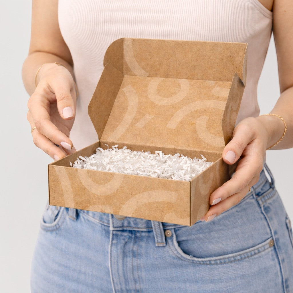 Stockka kraft corrugated cardboard mailer box with white shredded paper filling, ideal for online shipping.