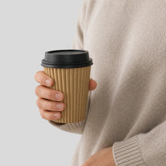 Stockka corrugated kraft paper cup with black lid, ideal for hot drinks like espresso, tea, or cappuccino.