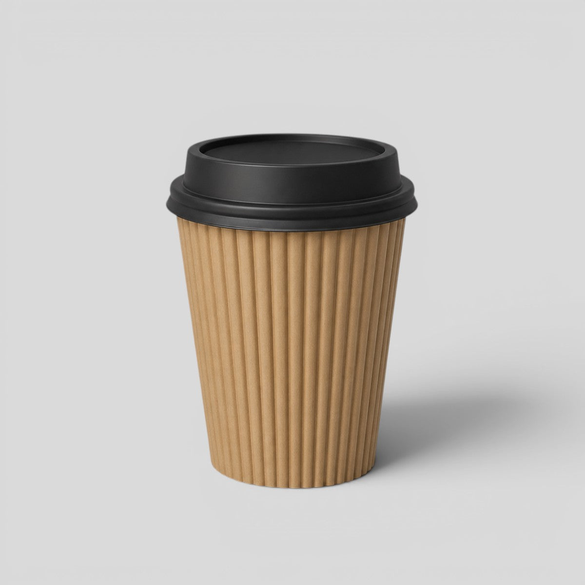Stockka ribbed kraft paper cup with black lid, ideal for hot drinks like espresso, tea, or cappuccino.