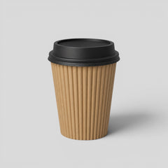 Stockka ribbed kraft paper cup with black lid, ideal for hot drinks like espresso, tea, or cappuccino.