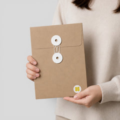 Stockka brown kraft paper envelope with white string and disc closure held by a person in a beige sweater