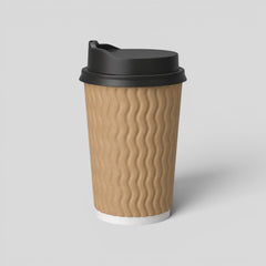 Stockka medium kraft wavy paper cup with black lid, insulated texture, perfect for coffee or tea.