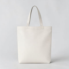 Stockka natural cotton canvas tote bag with a geometric lavender pattern on the bottom half.