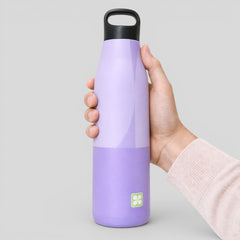 Stockka tall sport water bottle in lavender and purple, stainless steel with integrated handle and narrow spout.