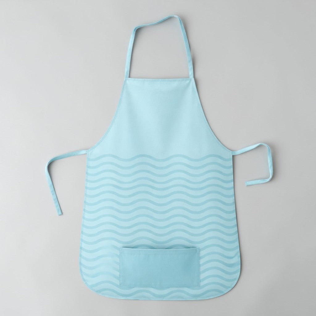 Stockka light blue cotton-polyester blend apron with rounded bottom and wavy pattern, featuring a front pocket and adjustable ties.