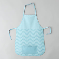Stockka light blue cotton-polyester blend apron with rounded bottom and wavy pattern, featuring a front pocket and adjustable ties.
