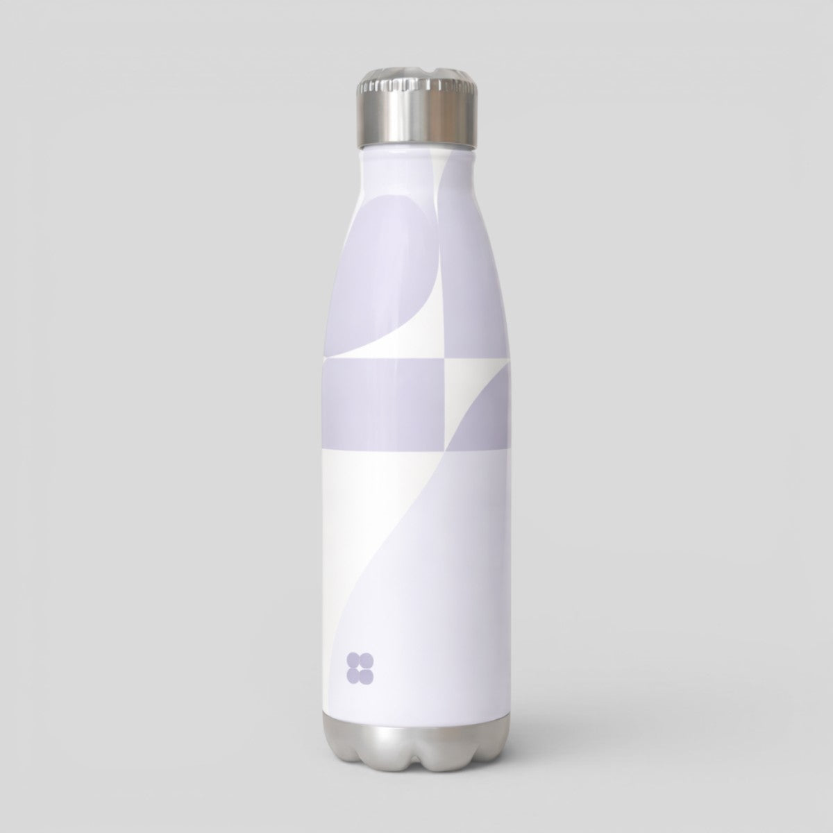 Stockka insulated stainless steel water bottle in white with a geometric lilac pattern and silver cap.