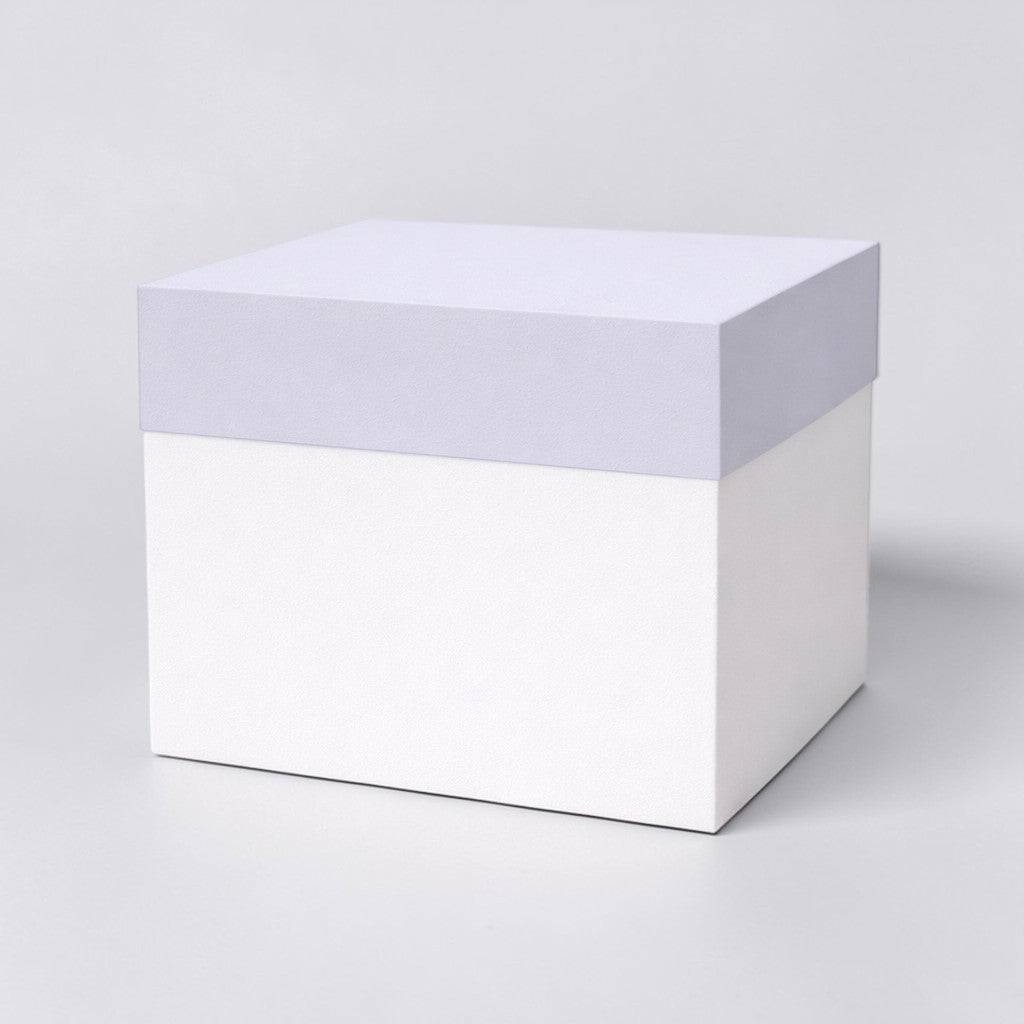 Stockka rigid gift box with lid, white base and lilac lid, made of 600gsm cardstock with matte satin finish.
