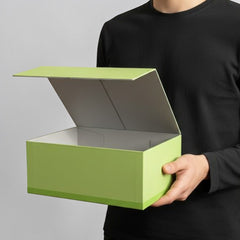 Stockka lime green hinged lid gift box made of rigid cardboard with laminated finish.