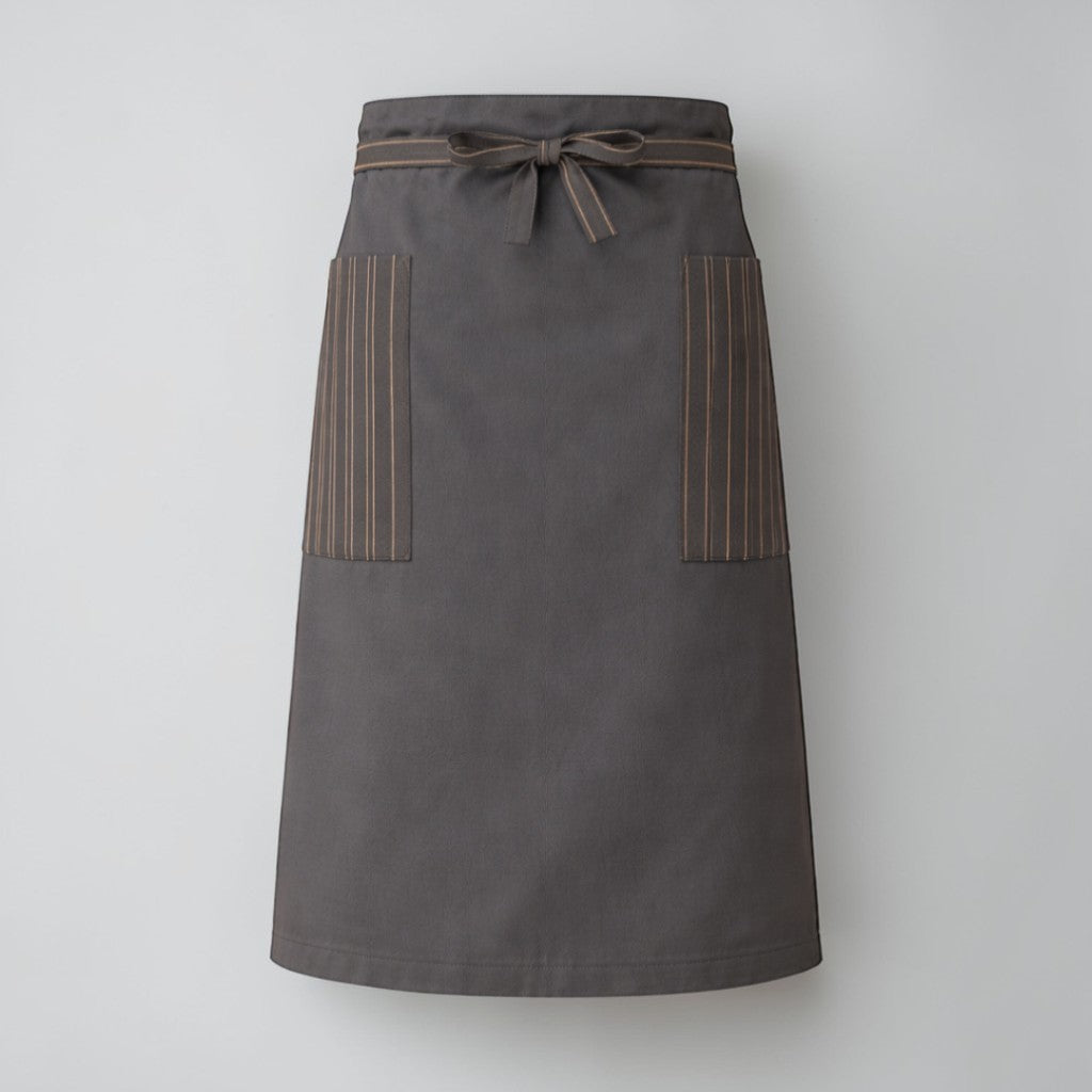 Stockka long dark grey waist apron with two side pockets, cotton-polyester blend, ideal for hospitality staff.
