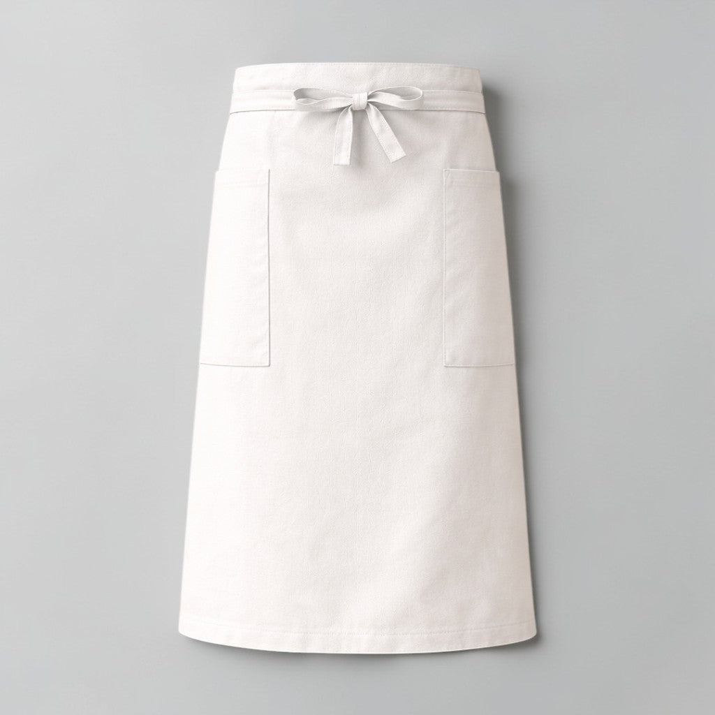 Stockka long white cotton-polyester blend waist apron with two side pockets and tie closure, ideal for restaurants and cafes.