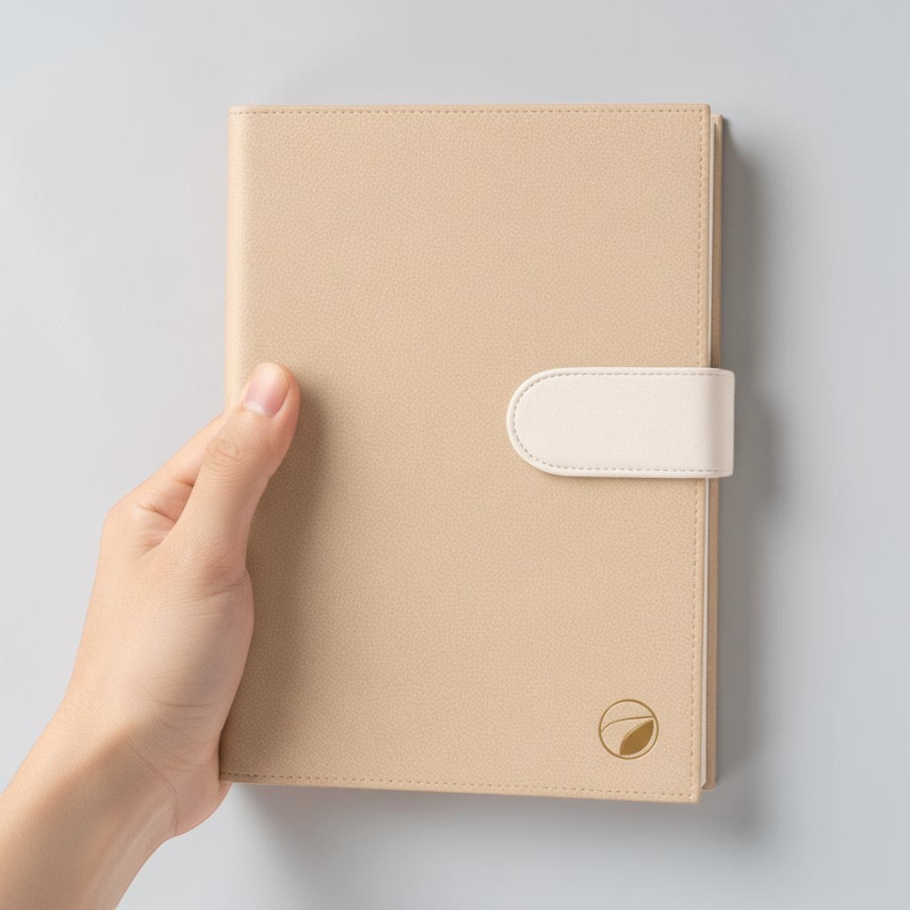 Stockka luxury beige hardcover notebook with magnetic closure and 80 lined pages. Features a subtle gold leaf logo.
