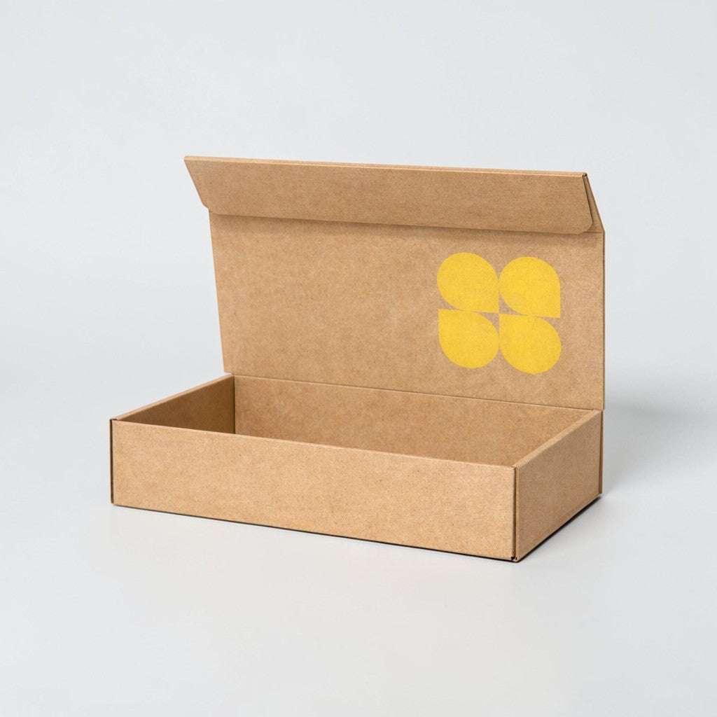 Stockka magnetic closure gift box made of rigid cardboard with a yellow logo. Ideal for luxury products and gift packaging.