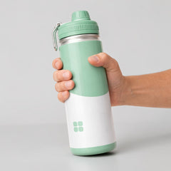 Stockka mint green and white plastic water bottle with screw-top lid and carrying handle. 500ml capacity.