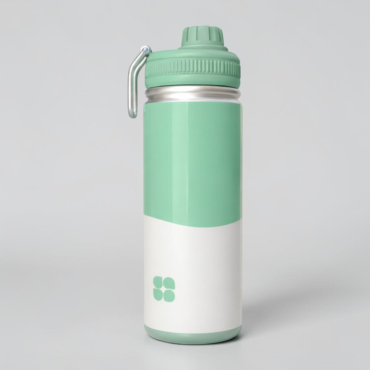 Stockka insulated water bottle in mint green and white, with screw-top lid and carry handle. 500ml capacity.