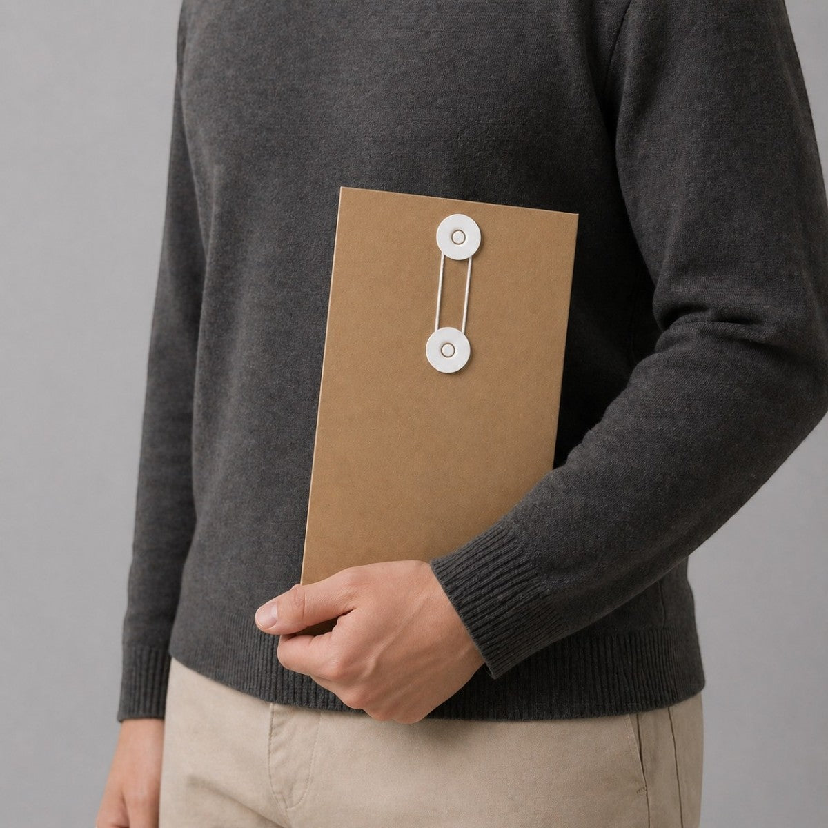 Stockka narrow brown kraft paper envelope with white string and disc closure, ideal for documents or gift vouchers.