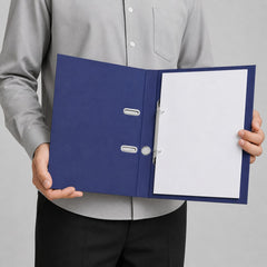 Stockka navy blue hard cover portfolio binder with two metal rings, made of corrugated cardboard.