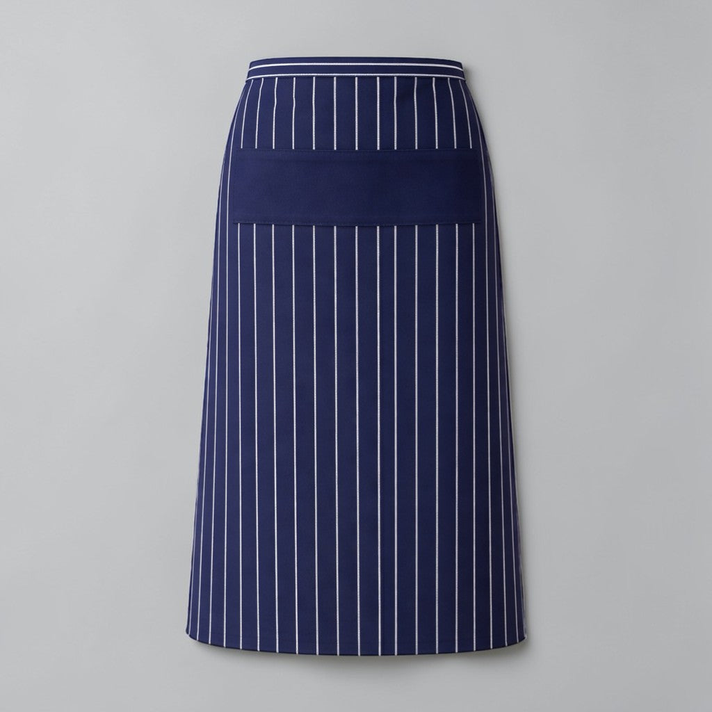 Stockka long navy blue striped apron with white pinstripes and a front pocket. Made from a cotton-polyester blend.
