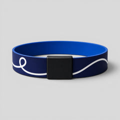 Stockka blue silicone NFC wristband with white wave design and black clasp, waterproof and durable.