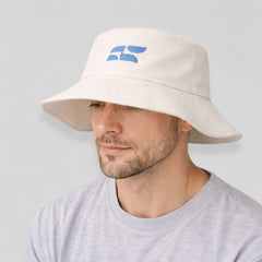 Stockka trendy off-white cotton blend bucket hat with blue embroidered logo, ideal for beach, golf, and fishing.