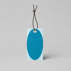Stockka oval hang tag with blue overlay, reinforced hole, and string. Ideal for retail, fashion, and gifts.