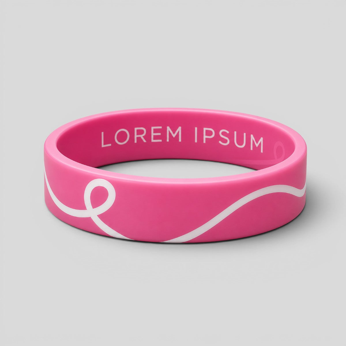 Stockka pink silicone wristband with white ribbon design and "LOREM IPSUM" text, perfect for events and branding.