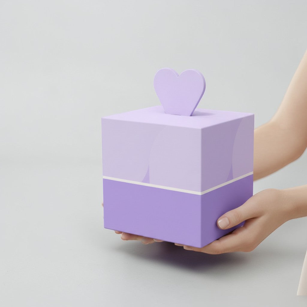 Stockka cubic gift box with a heart-shaped top, two-tone purple, made of rigid coated cardboard.