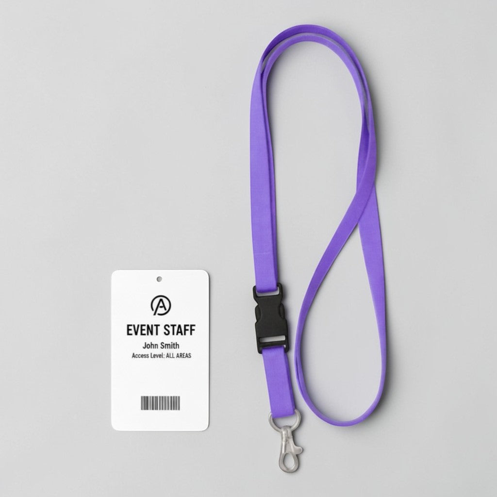 Stockka purple polyester lanyard with quick-release buckle and vertical PVC ID card holder