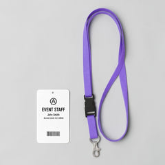 Stockka purple polyester lanyard with quick-release buckle and vertical PVC ID card holder