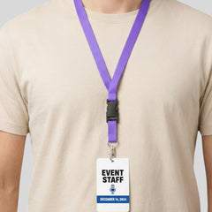 Stockka purple polyester lanyard with quick-release buckle and vertical ID card holder. Ideal for events and employees.