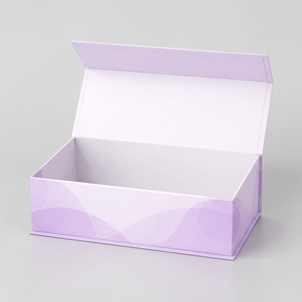 Stockka classic magnetic gift box with a hinged lid, in light purple with a subtle wave pattern. Made of rigid cardboard with matte coated paper.