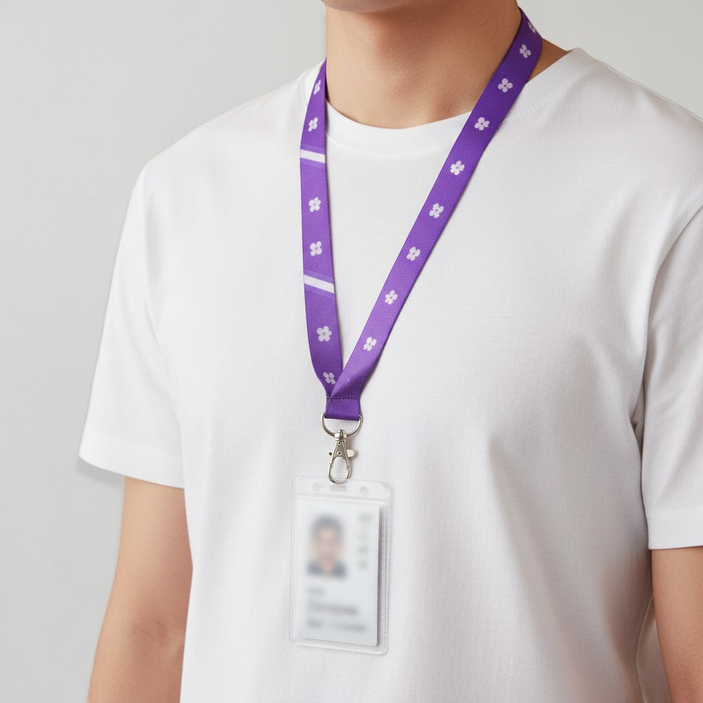 Stockka wide purple nylon lanyard with white flower pattern and safety buckle, metal clasp for ID badges and events.