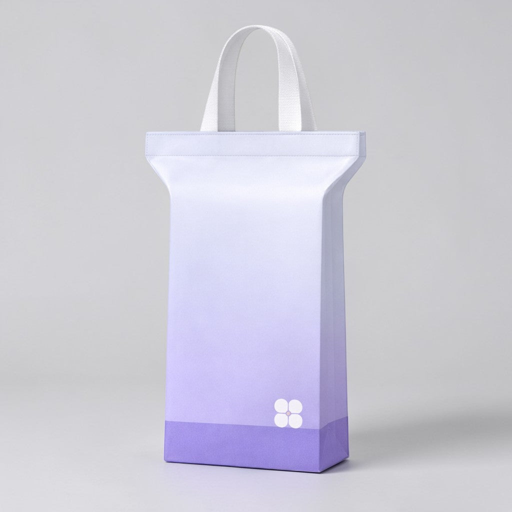 Stockka stand-up plastic bag with loop handles, ombre purple and white, ideal for gifts and retail.