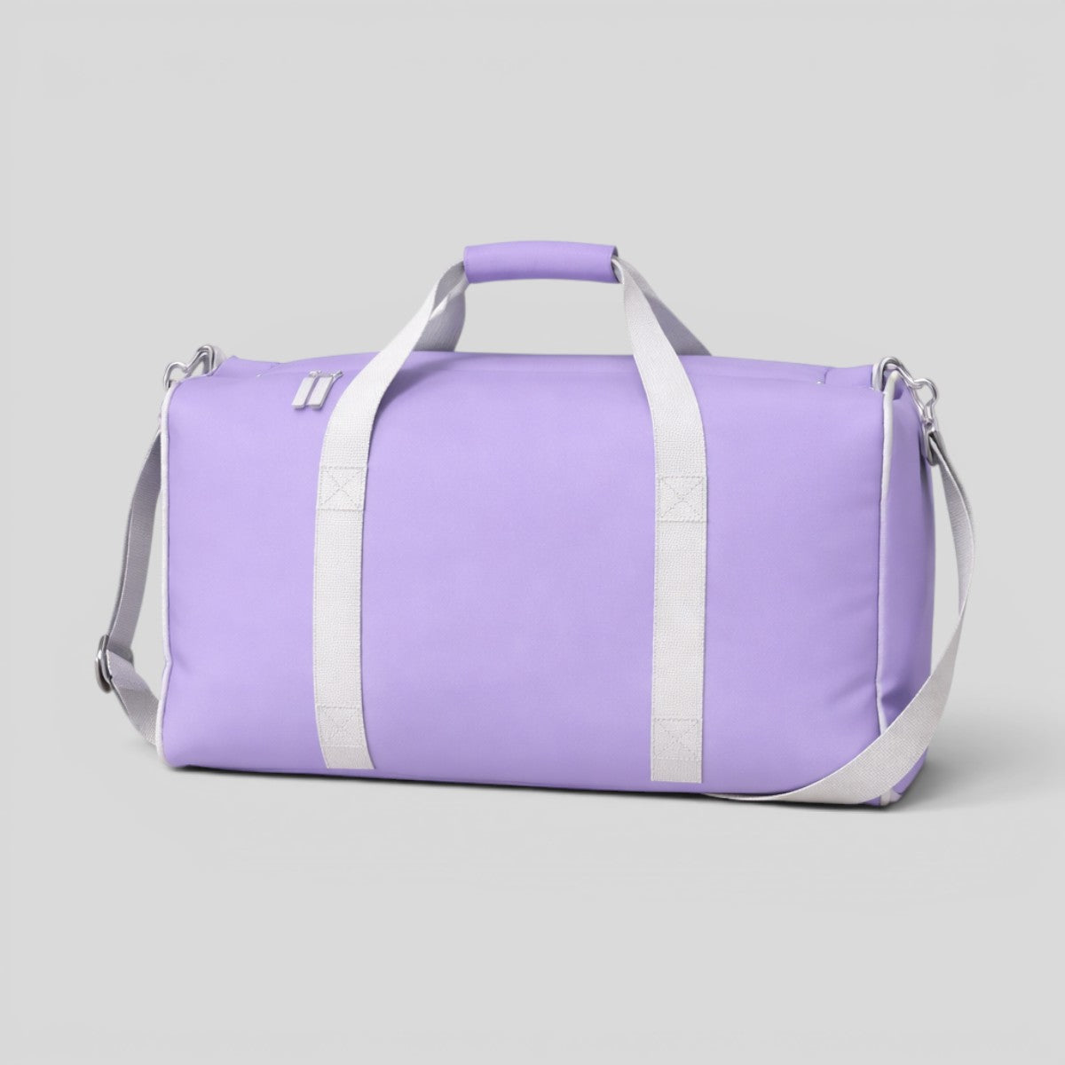 Stockka lavender purple polyester duffel bag with white straps and silver hardware, perfect for travel and sports.